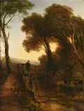 Figure on a bridge in a landscapeOil on canvasSigned and dated 1844 (lower left)93 x 70cm (36½ x 27½ in.) by Thomas Creswick, 1844, oil, offered Dec 2021