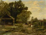 Cattle in a landscapeOil on canvasSigned (lower right)67 x 89cm (26¼ x 35 in.) by Thomas Creswick, oil, sold Dec 2021