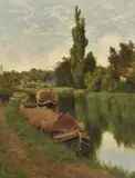 The hay bargeOil on canvasSigned and dated 1887 (lower left)44.5 x 34cm (17½ x 13¼ in.) Condition Report: The canvas has not been lined by John Clayton Adams, 1887, oil, sold Dec 2021