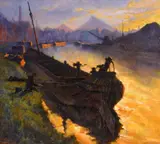 Sunset over an industrial landscape by Leopold Franz Müller, oil, sold Dec 2021