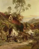 Figures resting beside a country cottageOil on canvasSigned (lower right)141 x 113cm (55½ x 44¼ in.) by Edward Henry Holder, oil, sold Dec 2021