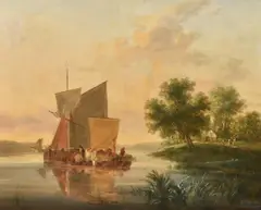 Figures ferrying cattle in a river landscapeOil on panelSigned (lower right)50 x 66cm (19½ x 25 in.) by Henry Milbourne, oil, offered Dec 2021