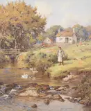 Feeding the ducksWatercolour heightened with whiteSigned (lower right)56 x 46cm (22 x 18 in.) by Harold Joseph Swanwick, watercolor, sold Dec 2021