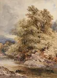 Wooded river landscapeWatercolourSigned and dated 1864 (lower left)45 x 33cm (17½ x 12 in.) by John Syer, 1864, watercolor, sold Dec 2021