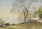 River landscapeWatercolourSigned (lower right)35 x 50cm (13¾ x 19½ in.)Exhibited:Hazlitt, Gooden and Fox, 19th Century French Drawings, 15th June by Henri Zuber, watercolor, sold Dec 2021