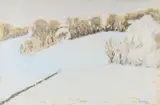A tree lined snowscape by Eardley Knollys, Oil on paper, sold Dec 2021