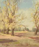 Red Roofs & Autumn Trees at Craighall by Edward Charles Moore, Oil on canvas laid to board, offered Dec 2021