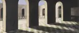 Arched Courtyard I Tempera on gessoed panel 16 x 34cm (6¼ x 13¼ in.) by Harriet Mena Hill, Tempera on gessoed panel, offered Dec 2021
