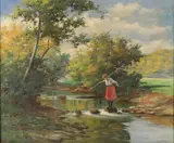 Crossing the river Oil on canvas Signed (lower right) 50 x 60.5cm (19½ x 23¾ in.) Condition Report: Canvas, coming loose from frame by Tibor Szontágh, Oil on canvas, offered Dec 2021