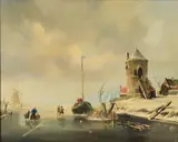 A frozen riverscape with windmill beyond by Albert Herkelman, Oil on board, sold Dec 2021