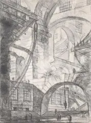 Architectural study Etching Plate: 53.5 x 39.5cm (21 x 15½ in.) Overall: 78 x 61.5cm (30 3/4 x 24 2/8in.) Inspired by Piranesi's Carceri series by Paul Benney, Etching Plate:, sold Dec 2021