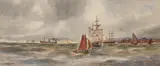 Ships at sea with port beyond by William Cannon, 1900, Watercolour with scratching out, sold Oct 2021