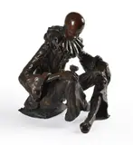 Clown, a bronze figure of a seated Harlequin, holding a mask and a rose, inscribed to the rear of the cushion 'Benson 83? 10/45 by Benson Landes, bronze, offered Oct 2021