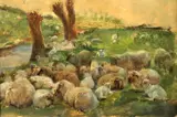 A flock of sheep in a water meadow by Henry William Banks Davis, oil on paper, offered Oct 2021