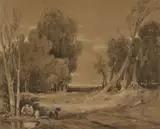 An angler in a wooded river landscape by François Louis Thomas Francia, 1816, watercolor, offered Oct 2021