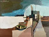 Boats at rest by Clifford Fishwick, oil, sold Oct 2021