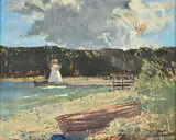 Shelving rock shore at Lion's Head - Georgian Bay by Evan Weekes MacDonald, 1956, oil, offered Oct 2021
