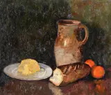Still life of bread, butter, oranges and a jug Oil on canvas Signed (lower left)46 x 55cm (18 x 21½ in.) by Albert Malet, Oil on canvas, sold Oct 2021