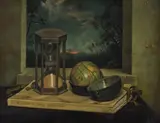 Still life - hourglass and pocket globe by Raymond Skipp, 1970, oil, sold Oct 2021