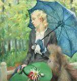 The Blue Umbrella by Suzanne Bechely Beadle, 1938, oil, sold Oct 2021