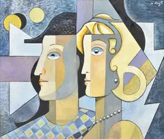 Pierrot et Colombine by Bela de Kristo, oil, sold Oct 2021