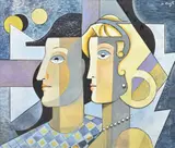 Pierrot et Colombine by Bela de Kristo, oil, sold Oct 2021