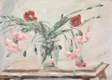Still life with carnations in a glass vase by Jacqueline Marval, oil, sold Oct 2021