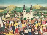 Village scene by János Gajdos, 1937, oil, sold Oct 2021