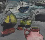 Still life and seascapeOil on canvasSigned and dated 1944 (centre right); titled (verso)40 x 45cm (15½ x 17½ in.)Provenance:The Parkin Gallery, London by Michael Wishart, 1944, oil, sold Oct 2021