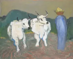 Oxen and Farmer Oil on canvas Signed (lower right)63 x 76cm (24¾ x 29¾ in.)Condition Report: Canvas slightly slack by Henryk Gotlib, Oil on canvas, sold Oct 2021