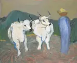Oxen and Farmer Oil on canvas Signed (lower right)63 x 76cm (24¾ x 29¾ in.)Condition Report: Canvas slightly slack by Henryk Gotlib, Oil on canvas, sold Oct 2021
