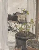 Geraniums on a Window Ledge by Jean Cooke, oil, sold Oct 2021