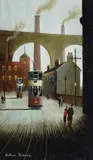 Trams with Stockport Viaduct beyondOil on boardSigned (lower left)32 x 19.5cm (12½ x 7½ in.)Provenance:The Selwyn Demmy Collection by Arthur Delaney, oil, sold Oct 2021
