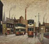 Trams by the Ideal Milk ShopOil on boardSigned (lower left)28 x 31cm (11 x 12 in.)Provenance:The Selwyn Demmy Collection by Arthur Delaney, oil, sold Oct 2021