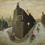 Free Wheelers at Hebden BridgeOil on boardSigned (lower right)26 x 26cm (10 x 10 in.)Provenance:Mr by Arthur Delaney, oil, sold Oct 2021