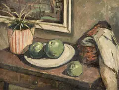 Still life of apples with a striped plant pot by Tom Malone, oil, sold Oct 2021