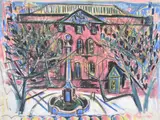 Pink town hall by Jeanne Laillard, 1954, drawing, sold Oct 2021
