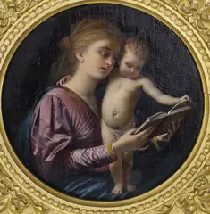 Mother and child reading a book by G. Bilancioni, 1874, oil, sold Oct 2022