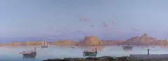 View of Valetta harbour, Malta, initialled, 20 x 53.5cm by Luigi Galea, oil on paper, sold Oct 2022