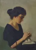Portrait of a woman knitting, inscribed verso, 59 x 45 cm by Salomon van Abbé, oil on canvas, sold Oct 2022