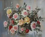 Still life of mixed roses by Athanasius Nikolsky, 1968, oil on canvas, sold Oct 2022