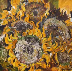 Dried sunflowers by Romey T. Brough, oil on canvas, sold Oct 2022
