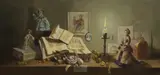 Still life with books, dolls and candle by Deborah Jones, 1974, oil on canvas, sold Oct 2022