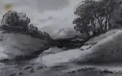 Tree lined river, 11.5 x 18.5cm by Thomas Munro, charcoal on paper, sold Oct 2022