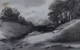 Tree lined river, 11.5 x 18.5cm by Thomas Munro, charcoal on paper, sold Oct 2022