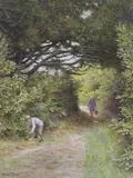 Children picking blackberries along a lane by Gabriel Blair, watercolour, sold Oct 2022