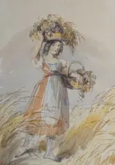 Country girl with laden baskets in a cornfield by John Frederick Taylor, watercolour, sold Oct 2022