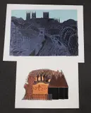 Cathedral viewed from castle walls and Woman feeding chickens beside oast houses, both signed, numbered 25/75 and 23/30, overall 59 x 77cm and 45 x 58cm by Robert Tavener, print (other), sold Oct 2022