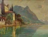 Swiss lake scene by Max Usadel, oil on canvas, sold Oct 2022