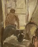Figure looking out of a window, 29 x 23cm by Richard Ian Bentham Walker, oil on board, sold Oct 2022